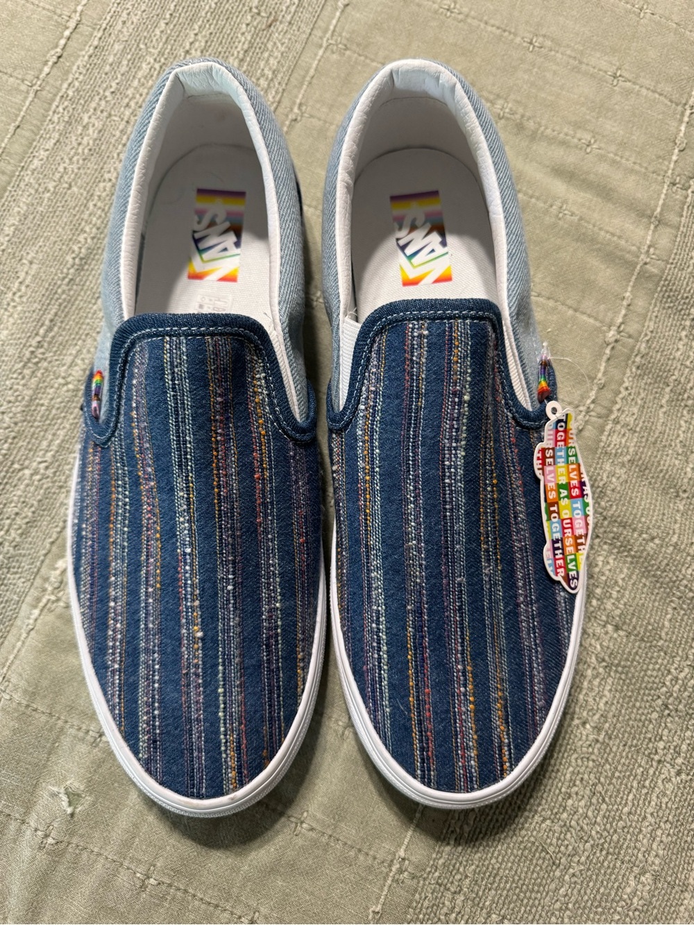Vans Blue Striped Denim Slip-On Sneakers with Rainbow Accents